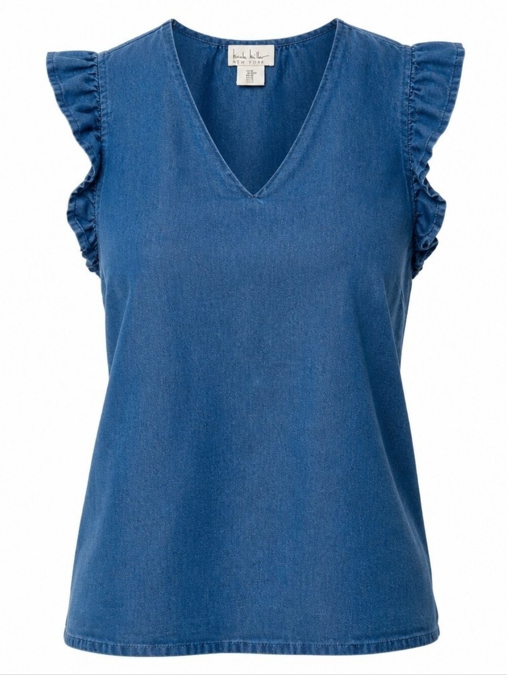 Nicole Miller New York Chambray Blue Linen V-Neck Ruffle Sleeve Top Size Medium